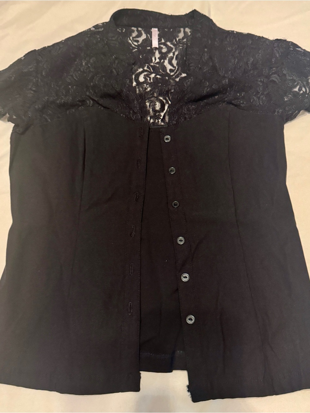 Black Lace-Trim Button Front Women's Top